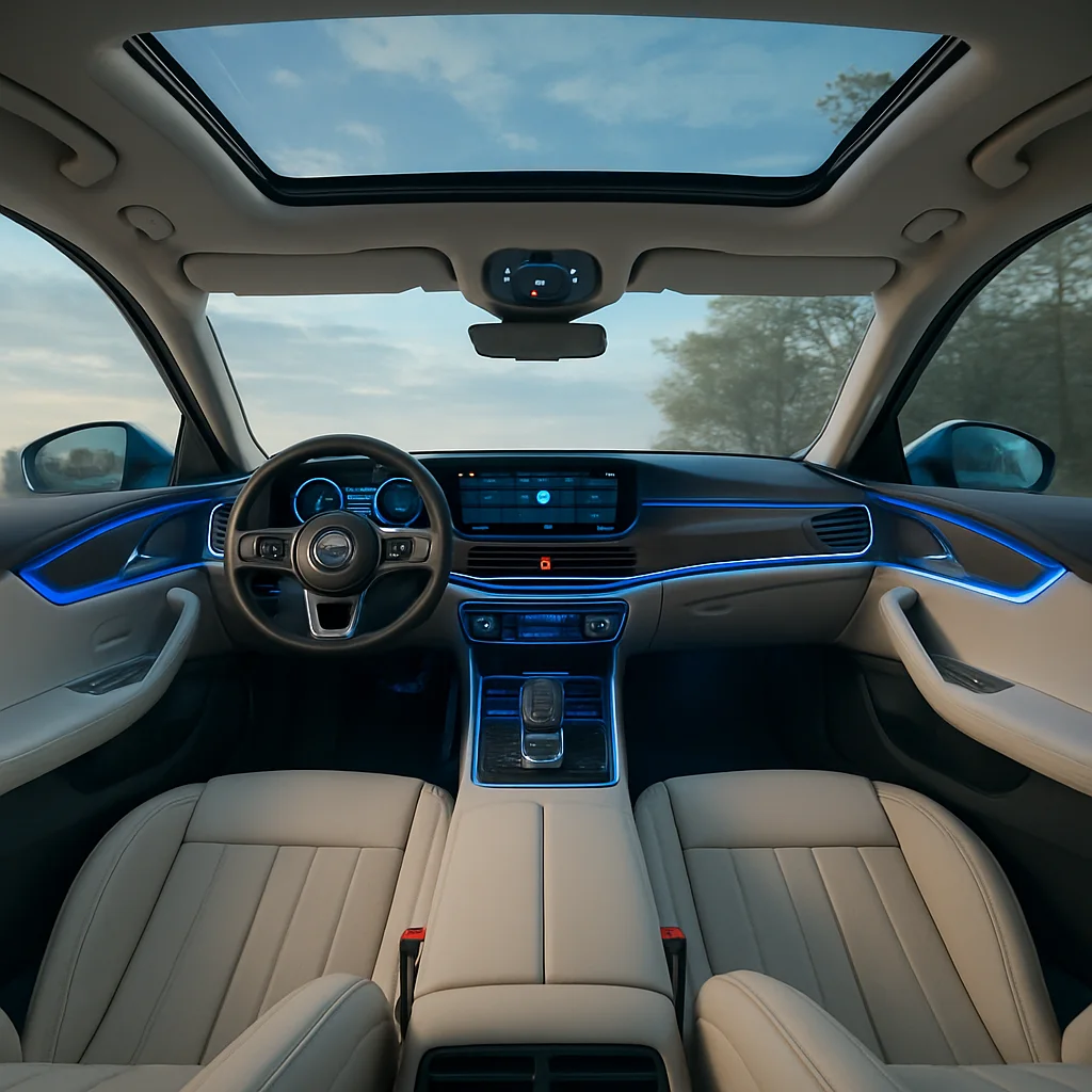 نمای داخلی خودروی فول آپشن با امکانات لوکس و سقف پانوراما