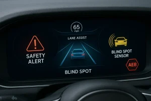 داشبورد خودروی مدرن با نمایش سیستم‌های ایمنی و هشدار برخورد