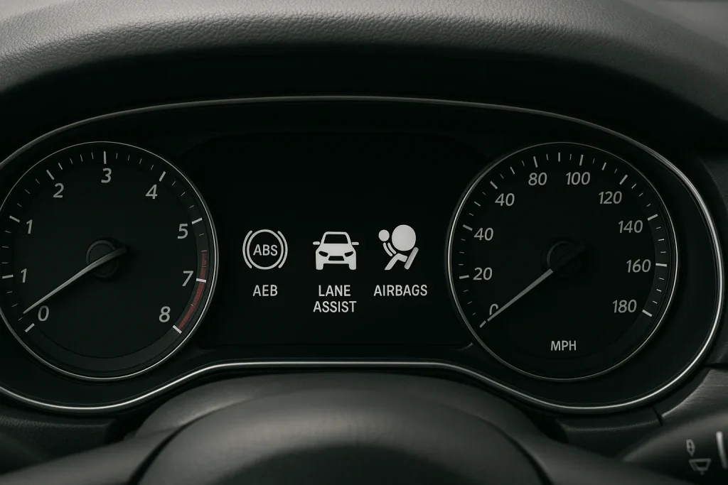 نمای داخلی خودرو با آیکون‌های سیستم‌های ایمنی مثل ترمز و هشدار تصادف