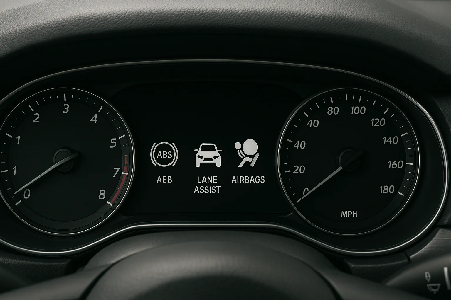 نمای داخلی خودرو با آیکون‌های سیستم‌های ایمنی مثل ترمز و هشدار تصادف