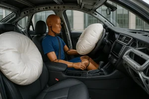 نمای داخلی خودرو در تست تصادف با ایربگ باز شده