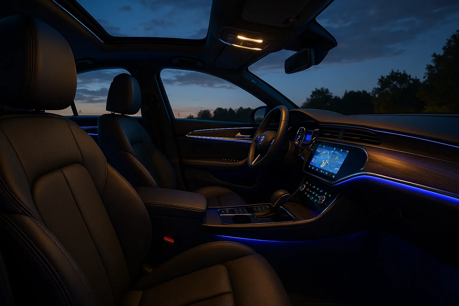 نمای داخلی خودروی لوکس با نورپردازی و سقف پانوراما