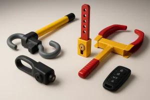 انواع قفل خودرو شامل قفل فرمان، قفل پدال، قفل چرخ و قفل هوشمند خودرو روی میز